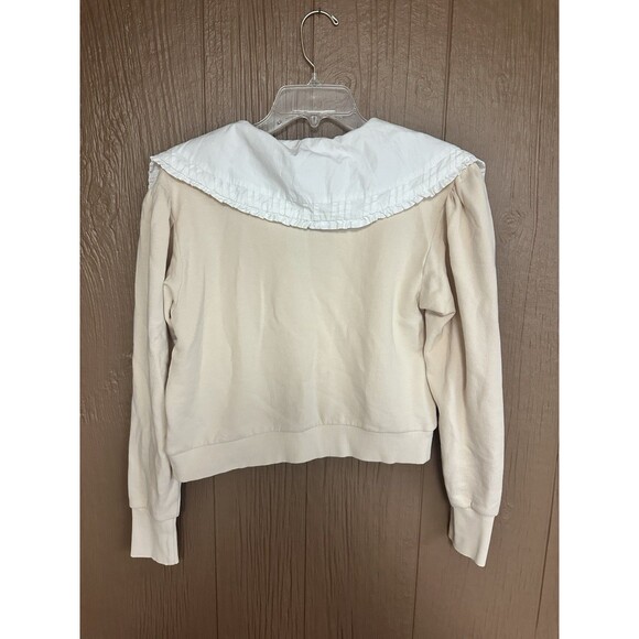 By Anthropologie‎ Poplin-Collar V-Neck Sweatshirt XS Beige White Cropped Smocked - Picture 7 of 7